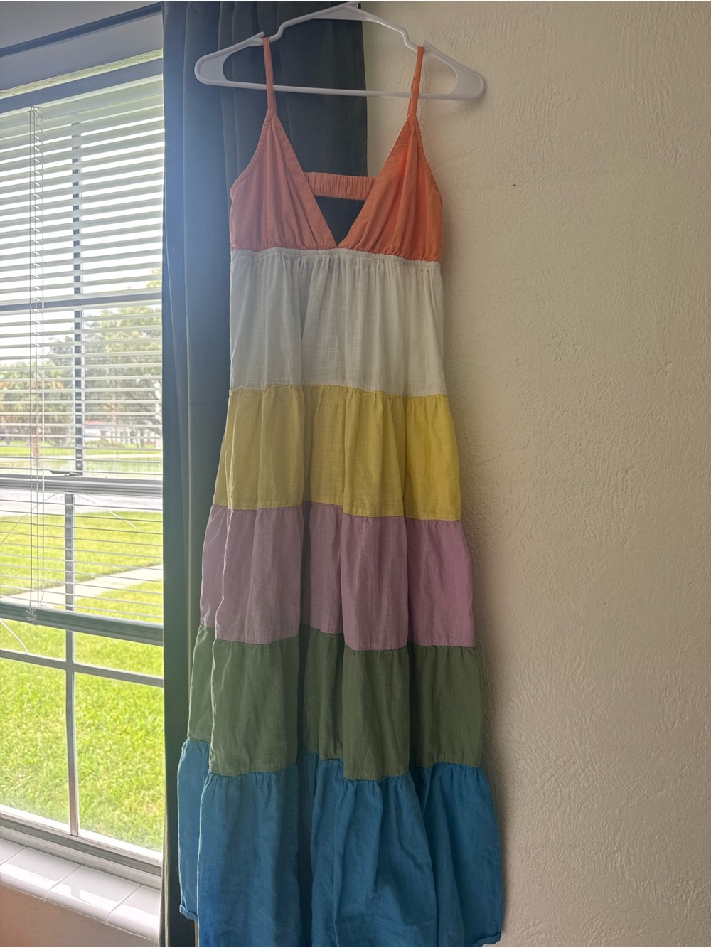 Roxy Colorblock Tiered Maxi Dress in Orange, White, Yellow, Pink, Green, Blue